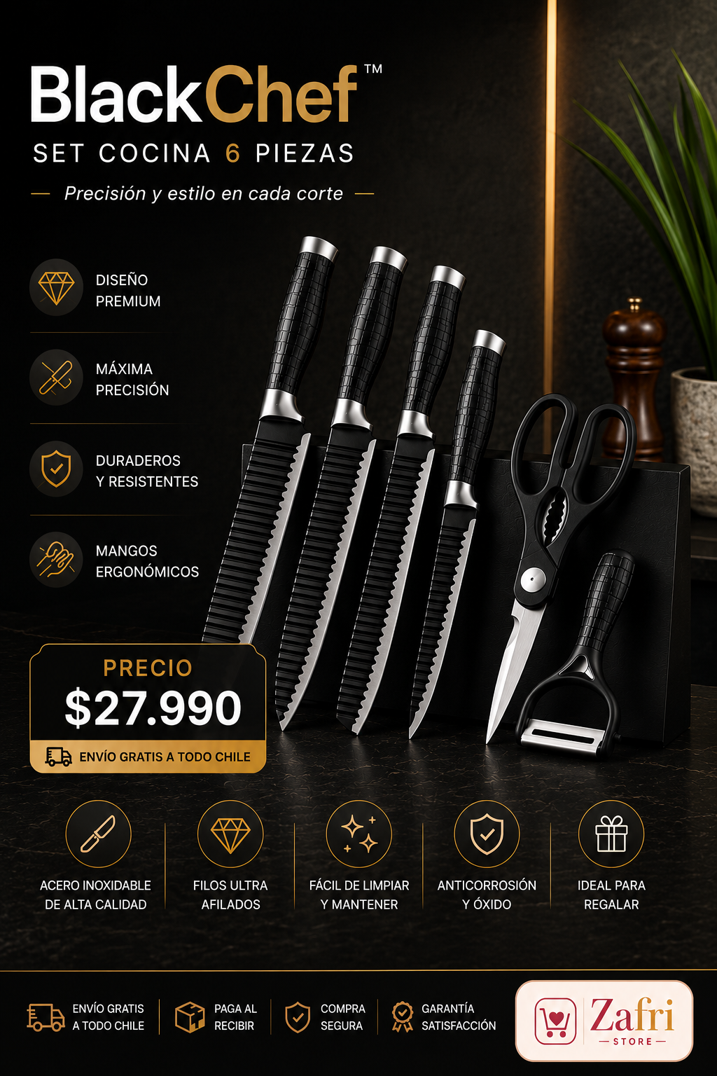 BlackChef™ | Set Cuchillos de Cocina 6 Piezas