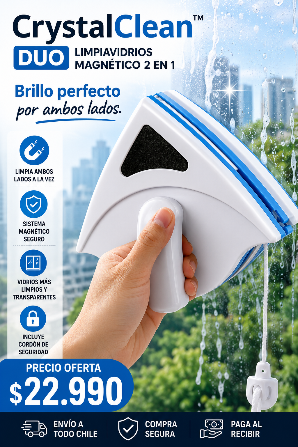 CrystalClean™ Duo | Limpiavidrios Magnético 2 en 1