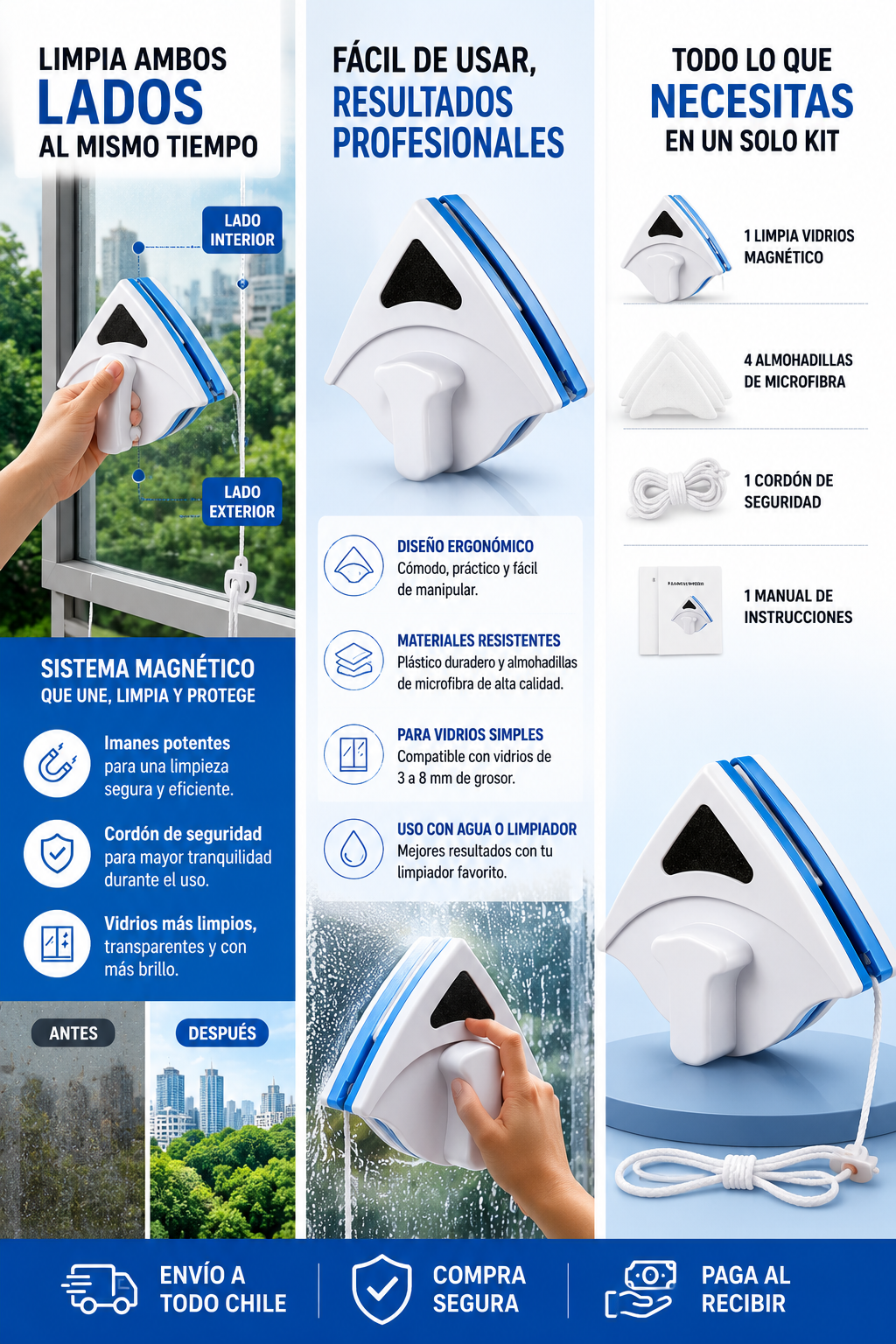 CrystalClean™ Duo | Limpiavidrios Magnético 2 en 1